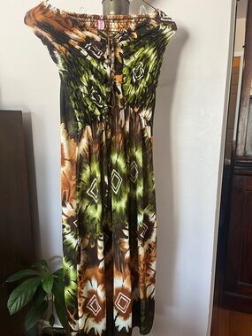 Smocked Strapless Maxi Dress in Green & Brown Abstract/Floral